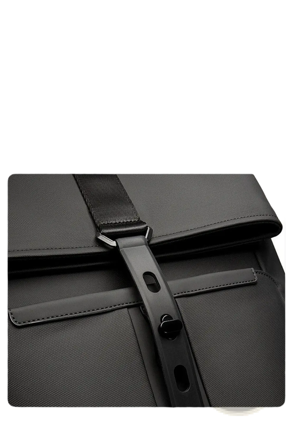 Black nylon business backpack with large 30l capacity and sleek minimalist design featuring sturdy black strap hardware