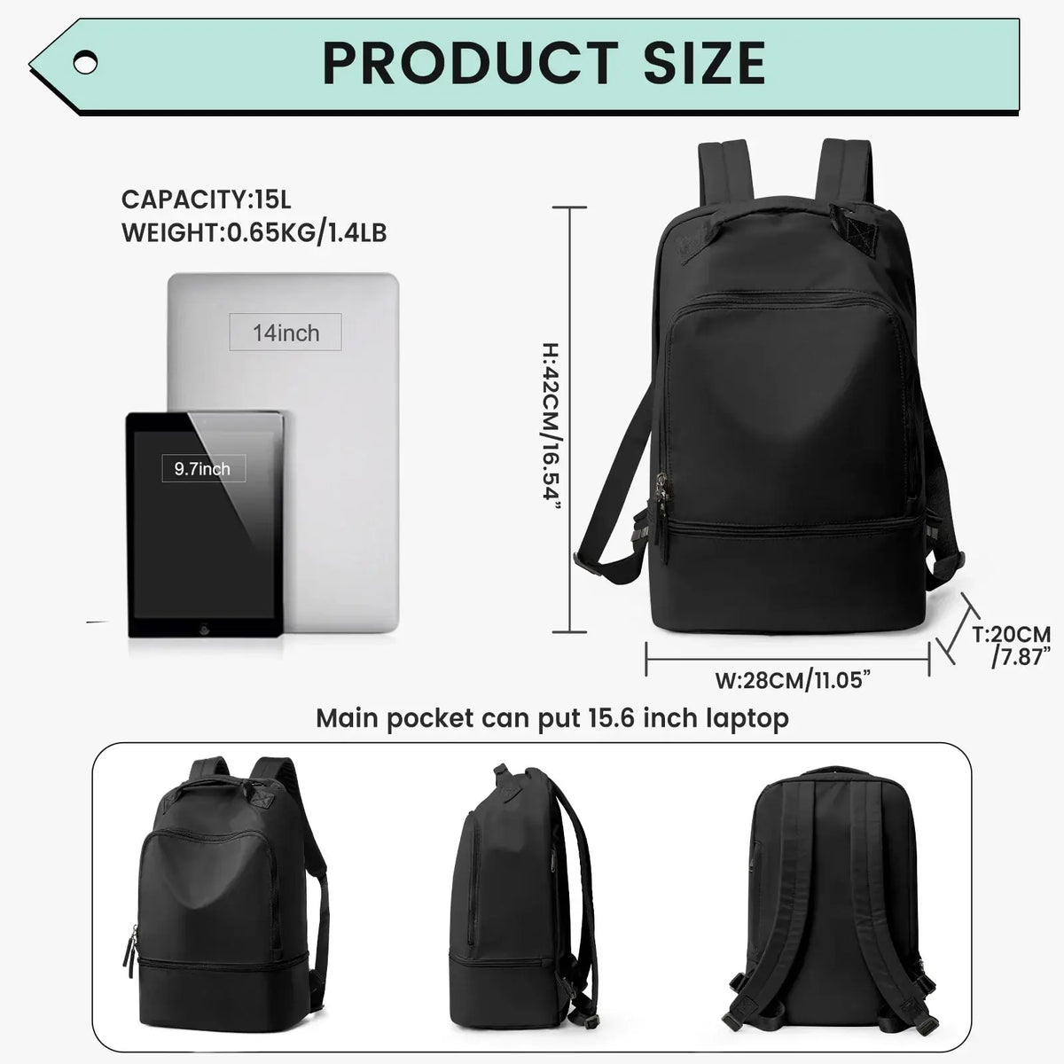 Black nylon fitness travel backpack with shoe compartment, main compartment for 15.6-inch laptop, and adjustable straps
