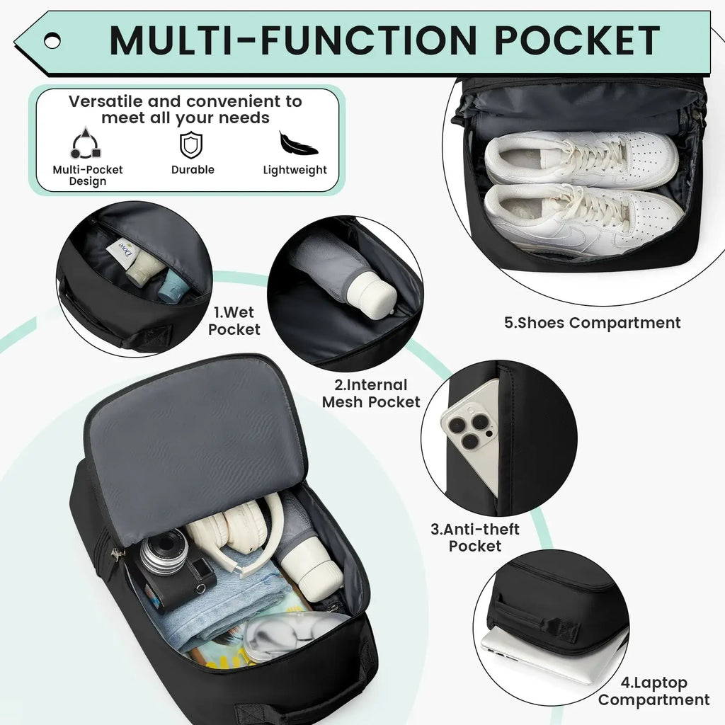 Black nylon fitness travel backpack with shoe compartment and multiple pockets for laptop phone and wet items