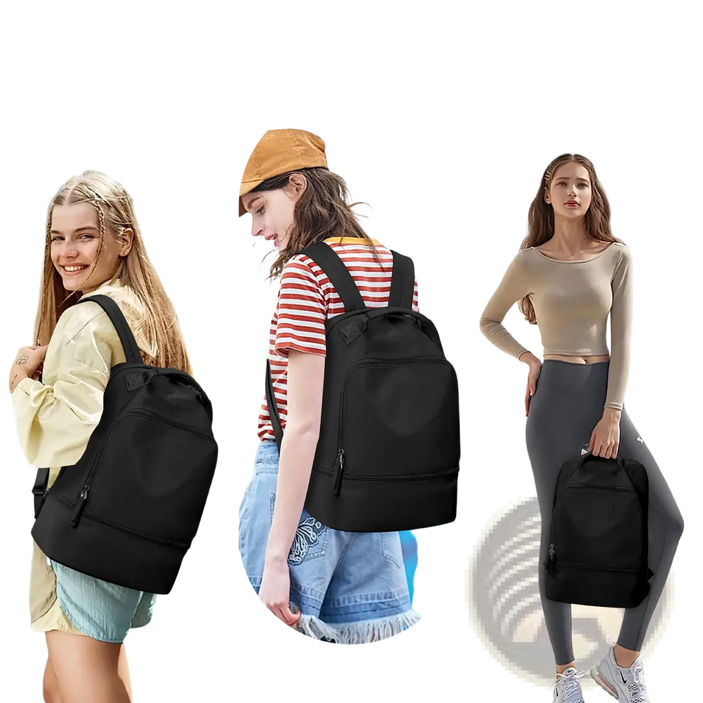 Black nylon fitness travel backpack featuring multiple carrying options and zippered compartments with shoe compartment