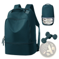 Dark teal nylon fitness travel backpack with reinforced straps and multiple zippered compartments including shoe compartment