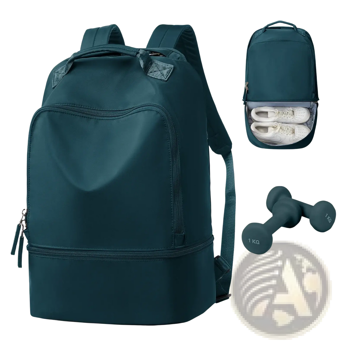 Dark teal nylon fitness travel backpack with reinforced straps and multiple zippered compartments including shoe compartment