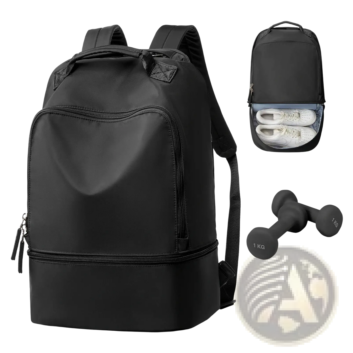Black nylon fitness travel backpack with zippered compartments padded shoulder straps and shoe compartment shown from back side