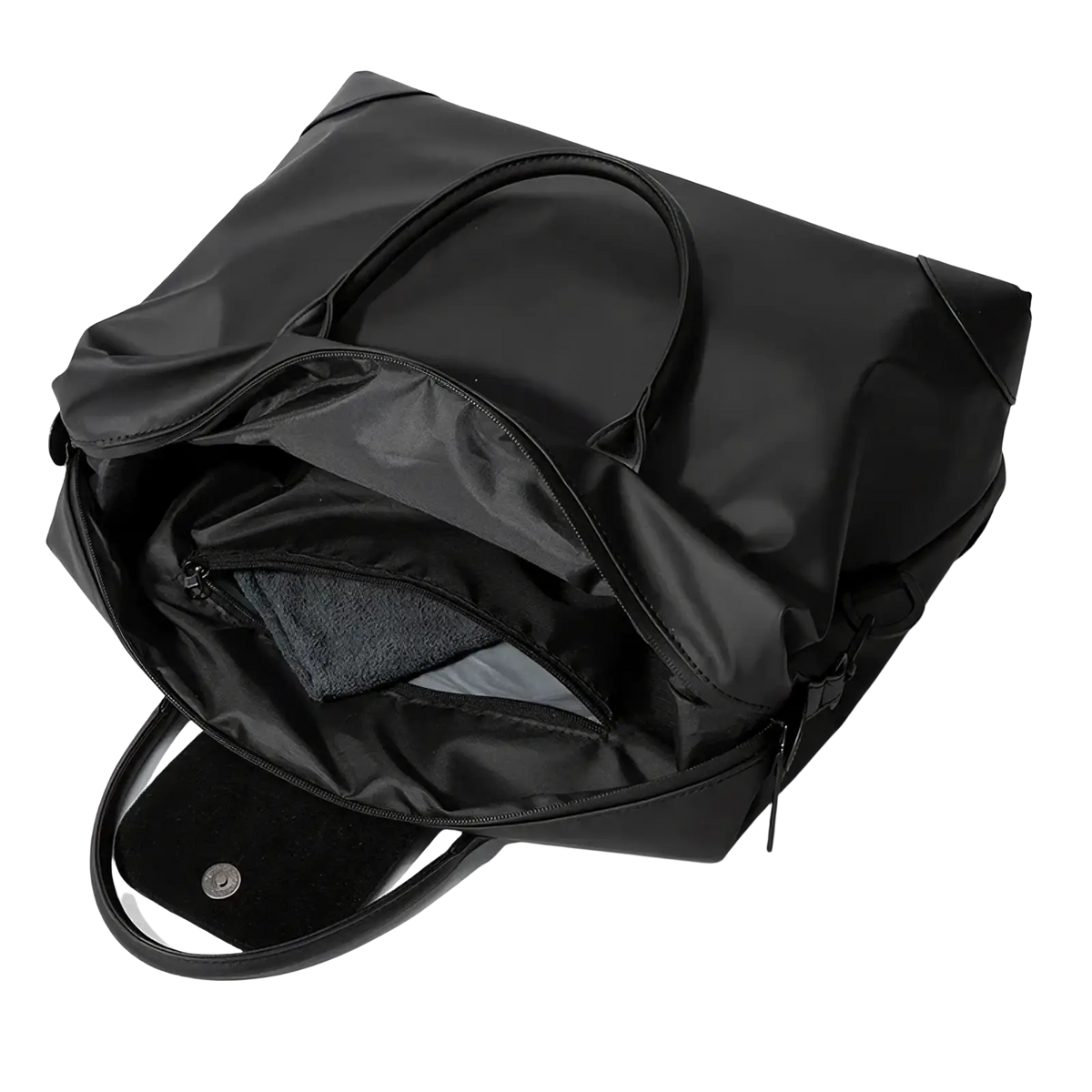 Black nylon travel duffle bag with reinforced handles and a zippered main compartment for secure storage