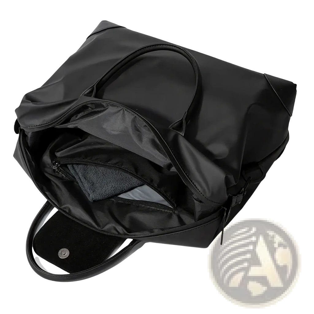 Black nylon travel duffle bag with reinforced handles and a zippered main compartment for secure storage