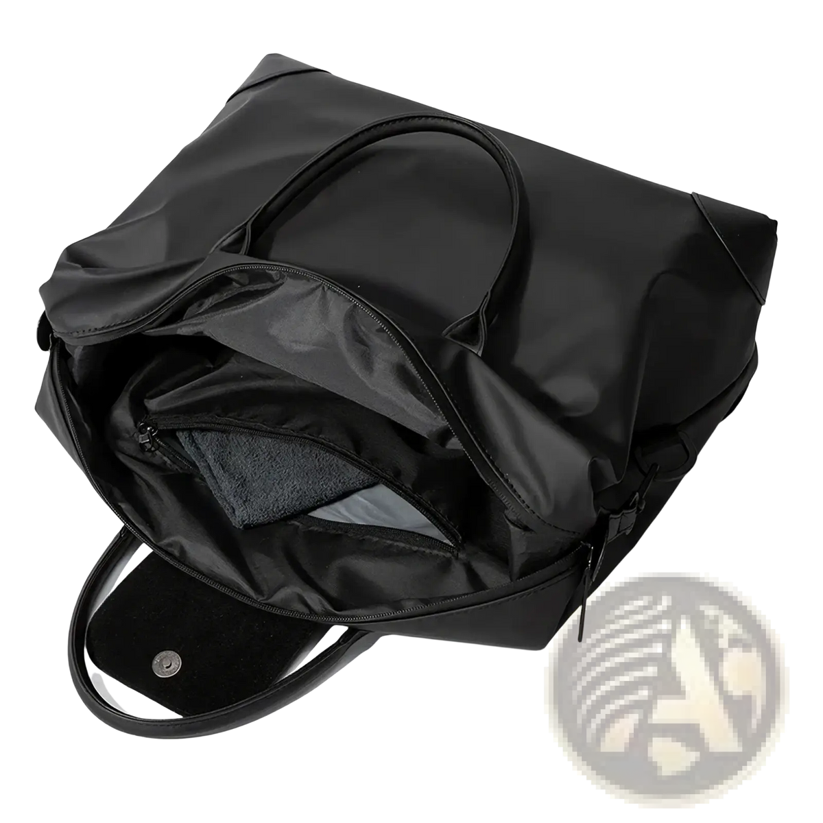 Black nylon travel duffle bag with reinforced handles and a zippered main compartment for secure storage