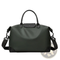 Black nylon travel duffle bag featuring a black longchamp le pliage design with matte finish and leather handles