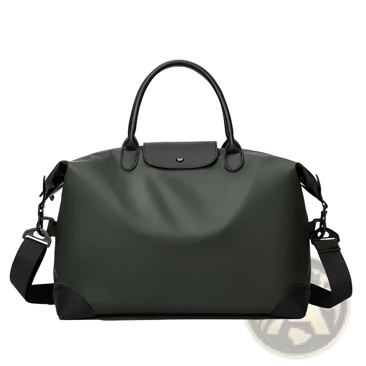 Black nylon travel duffle bag featuring a black longchamp le pliage design with matte finish and leather handles