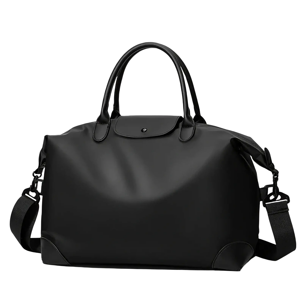 Black nylon travel duffle bag with black leather-like top handles and adjustable shoulder strap for easy carrying