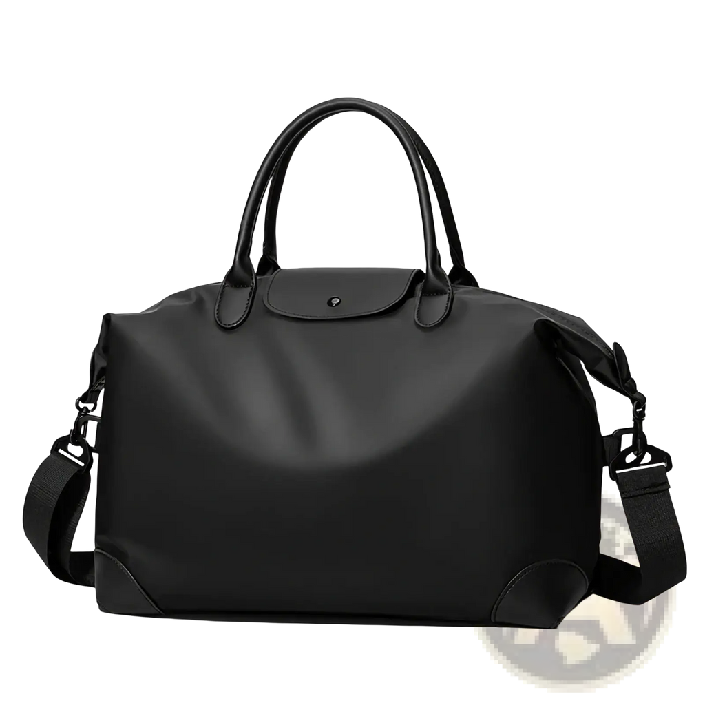 Black nylon travel duffle bag with black leather-like top handles and adjustable shoulder strap for easy carrying