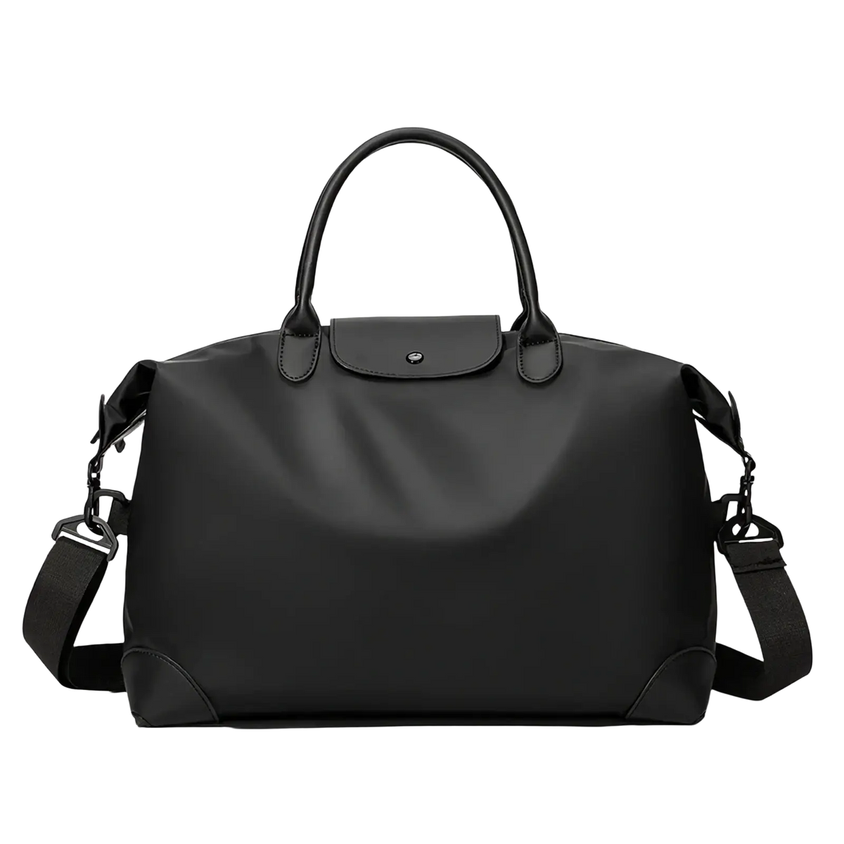 Black nylon travel duffle bag by Longchamp with sleek minimalist design and durable nylon exterior