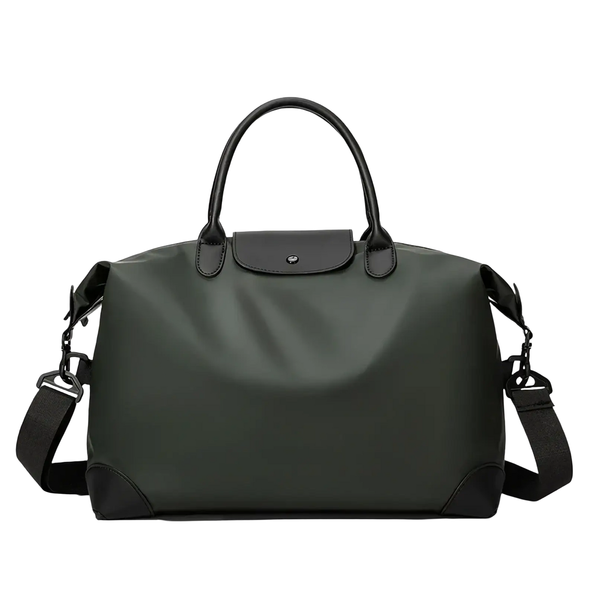 Black nylon travel duffle bag featuring a black longchamp le pliage design with matte finish and leather handles