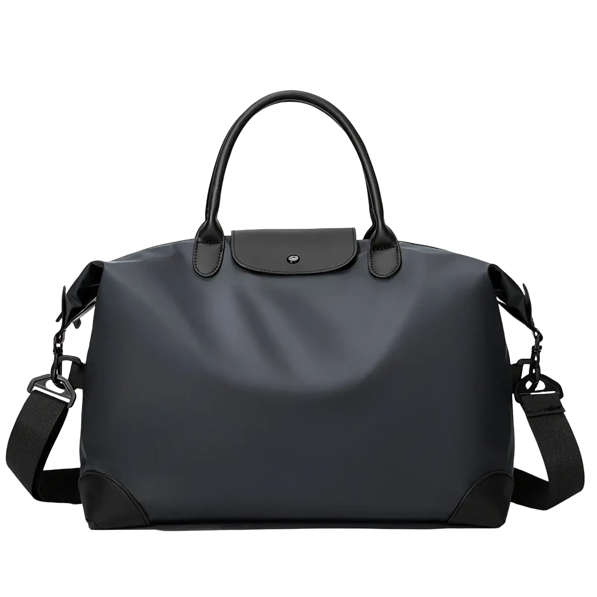 Black Longchamp Le Pliage travel duffle bag in nylon with sleek minimalist design and durable fabric