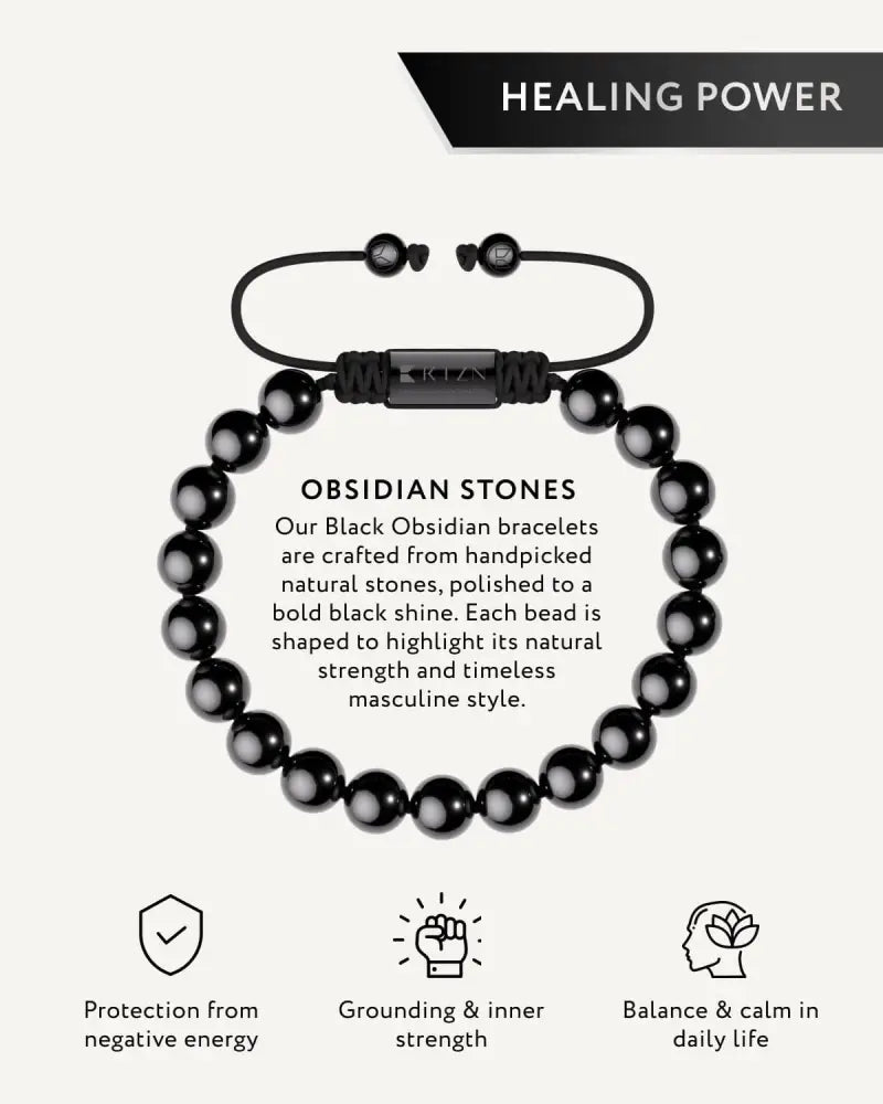 Aaa grade Bali black obsidian beaded bracelet with a sleek polished finish and central black metal clasp