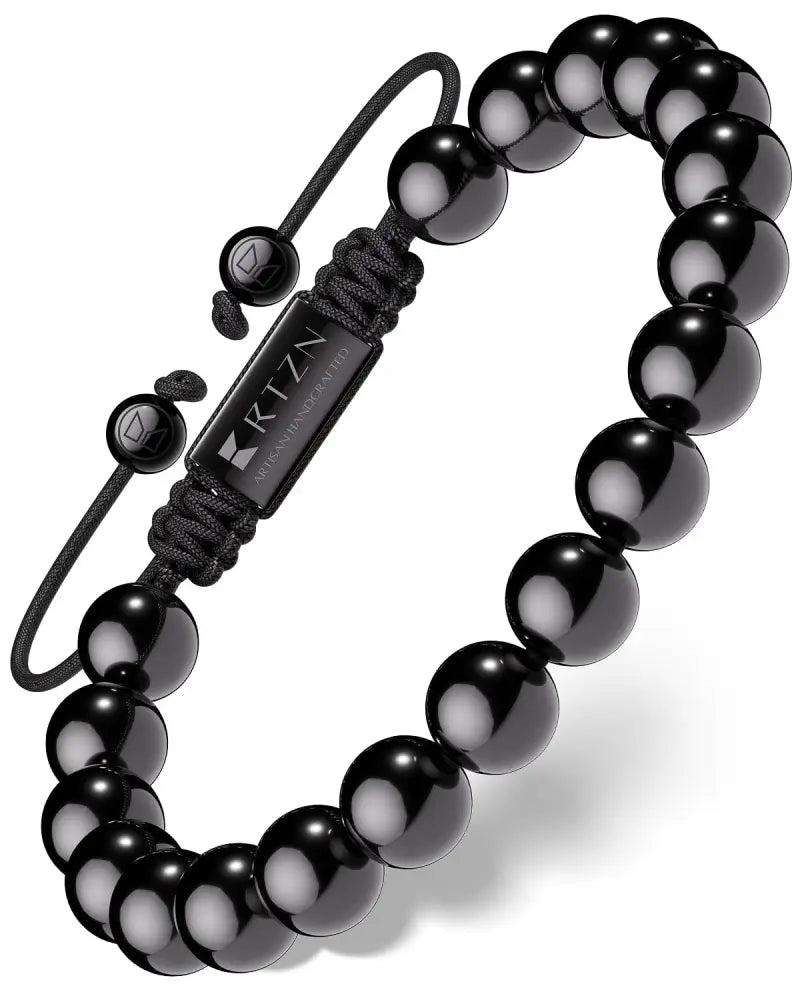 Aaa grade Bali black obsidian beaded bracelet with polished beads and black woven cord with engraved metal plate closure