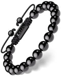 Aaa grade Bali black obsidian beaded bracelet with polished beads and black woven cord with engraved metal plate closure