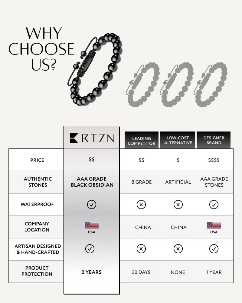 Aaa grade Bali black obsidian beaded bracelet with sleek polished finish and branded metal clasp