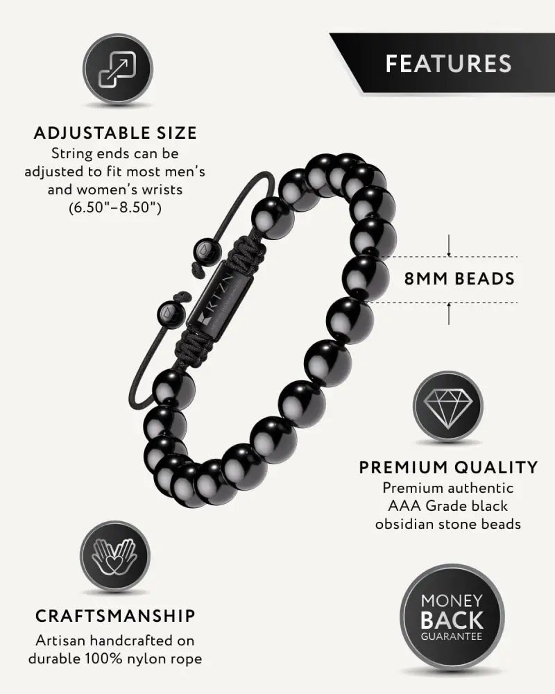 Aaa grade Bali black obsidian beaded bracelet with adjustable nylon rope strap and branded metal clasp