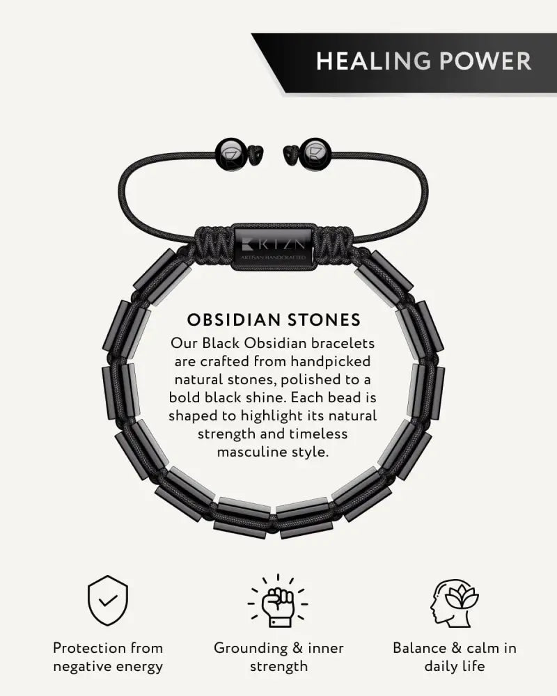 Havana black obsidian aaa grade beaded adjustable bracelet with braided cord and metallic accent beads