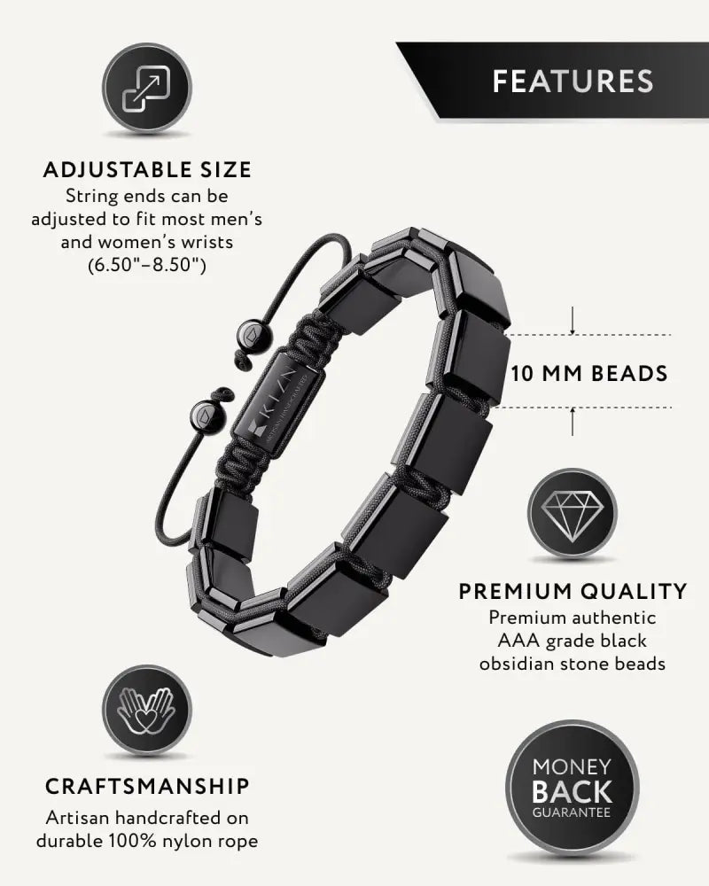 Black havana obsidian aaa grade beaded bracelet with 10 mm stone beads on adjustable durable nylon rope