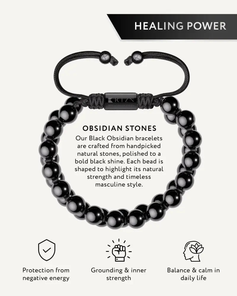 Morocco black obsidian beaded bracelet with braided cord and small metal clasp for adjustable fit