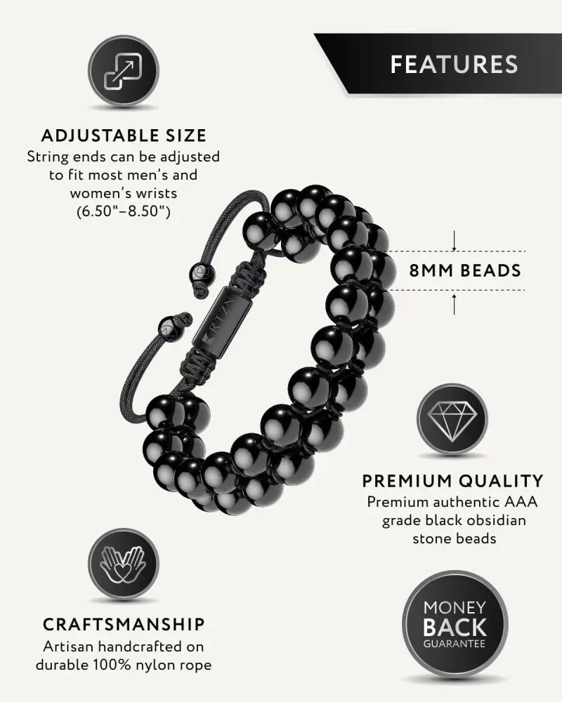 Morocco black obsidian beaded bracelet featuring adjustable nylon cord and metal clasp for secure fit