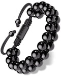 Morocco black obsidian beaded bracelet with black braided adjustable cord and rectangular metal clasp