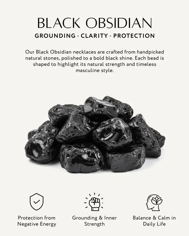 Handcrafted black obsidian stainless steel beaded necklace with bold polished shine and smooth round beads