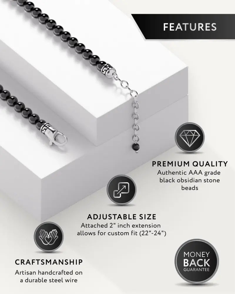 Black obsidian stainless steel beaded necklace with silver-toned clasp and extension chain