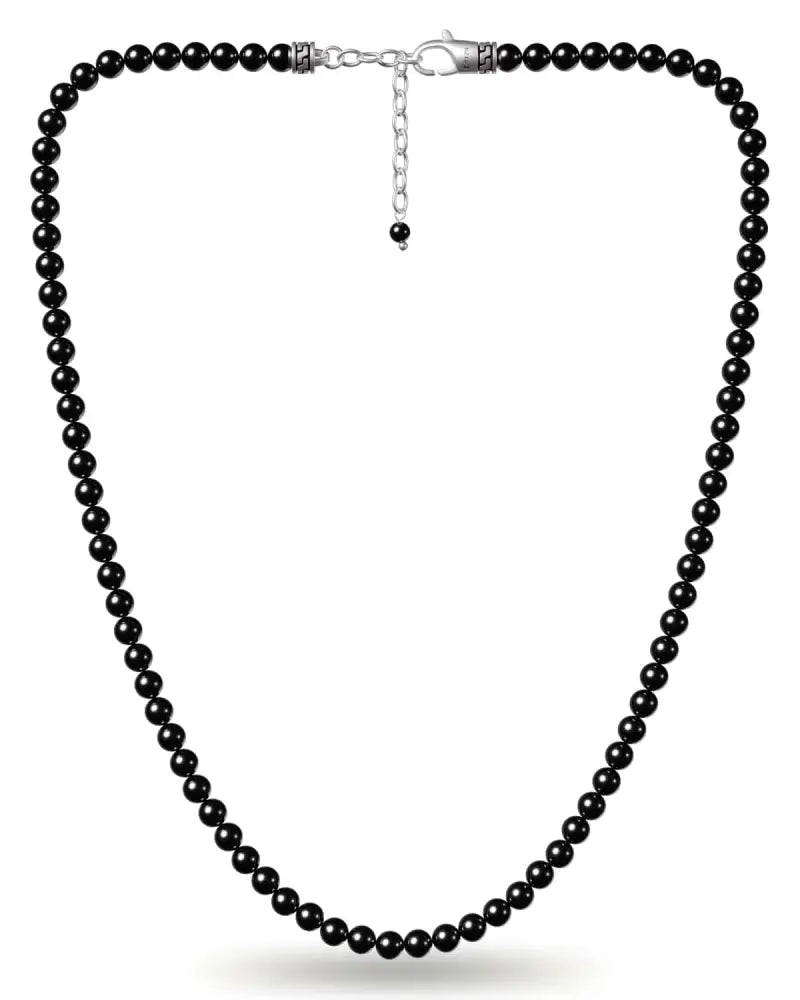 Black obsidian stainless steel beaded necklace with black beads and silver-toned clasp and chain
