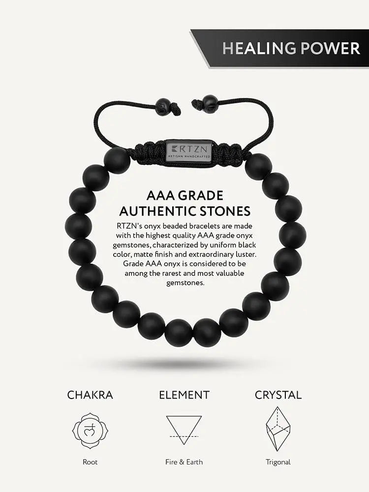 Handcrafted matte black onyx beaded bracelet with braided cord and silver-toned steel clasp tag