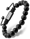 Handcrafted matte black onyx beaded bracelet with silver-toned rizn artisan tag and adjustable cord closure