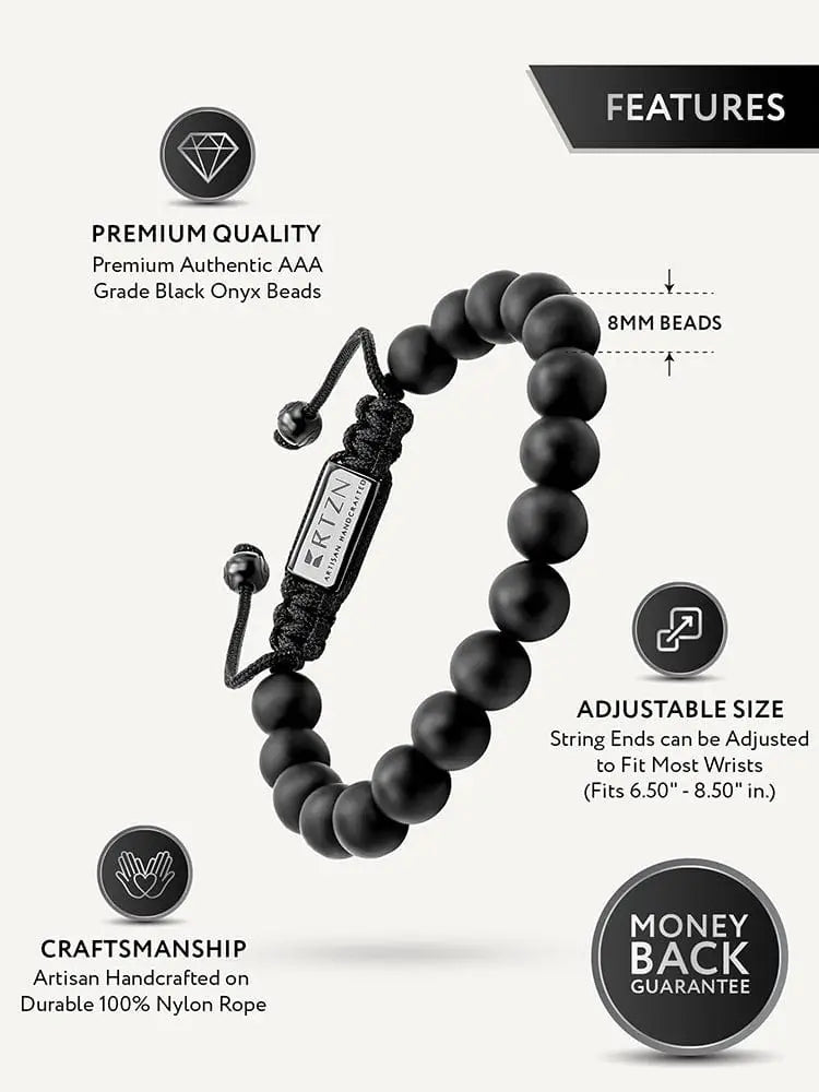 Handcrafted matte black onyx beaded bracelet with silver-toned steel clasp and adjustable black nylon rope
