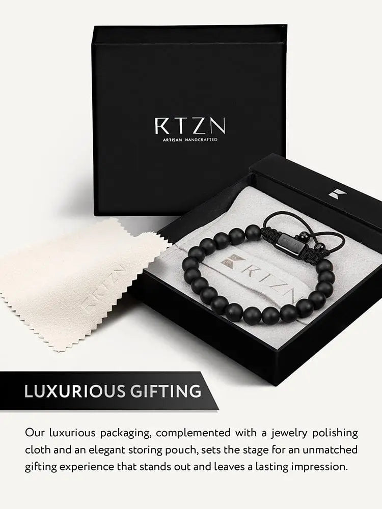 Handcrafted matte black onyx beaded bracelet with braided cord and steel clasp in rtzn branded gift box