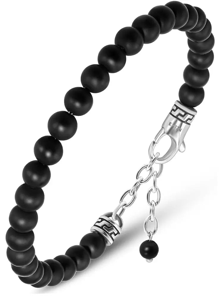 Matte black onyx beaded bracelet featuring spherical beads with silver-toned greek key clasp and chain accents