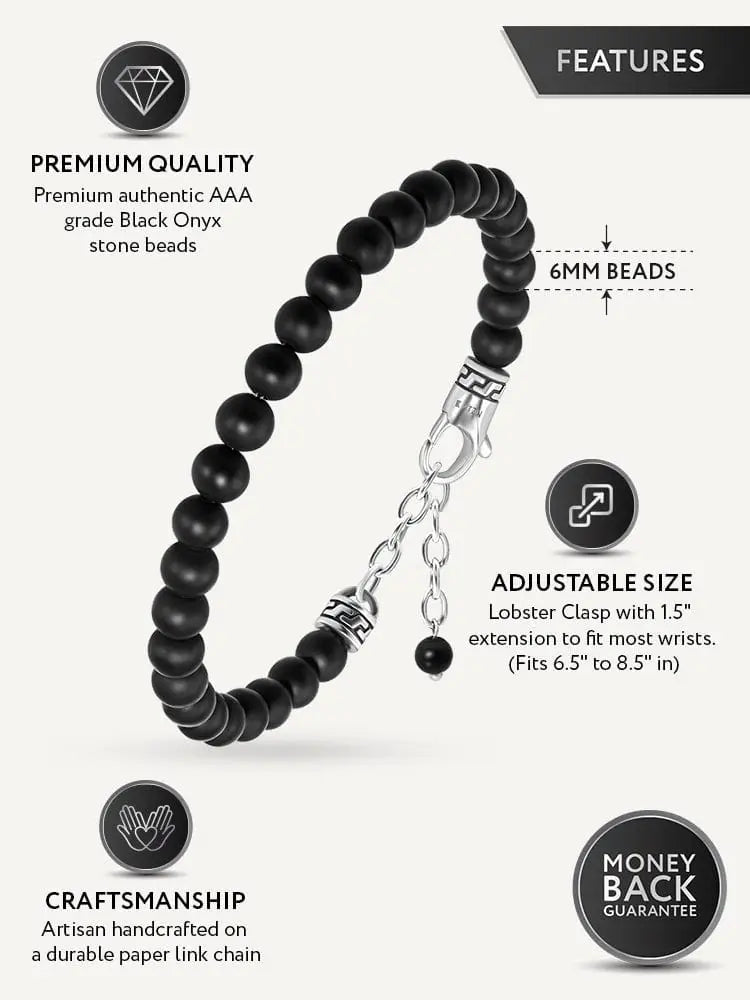 Matte black onyx beaded bracelet with greek key accents featuring silver-toned lobster clasp and chain