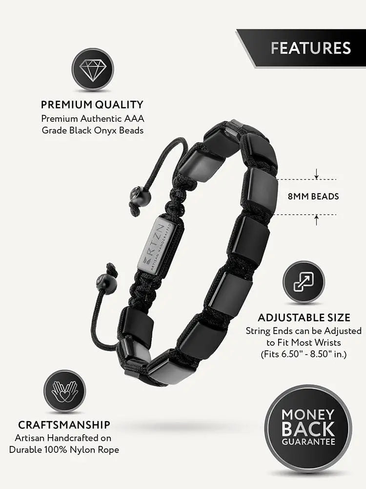 Havana black onyx and hematite beaded bracelet with adjustable nylon rope strap and silver toned metal plate