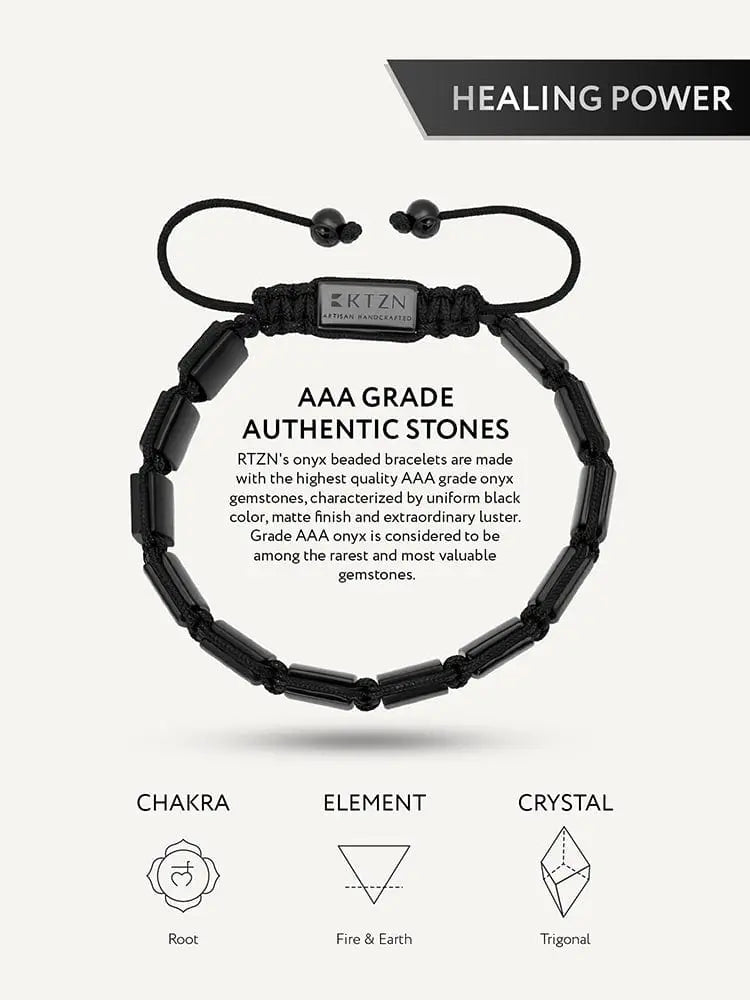 Black beaded bracelet with silver-toned metal tag featuring rtzn brand name in Havana black onyx and hematite design