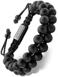 Handcrafted Morocco black onyx beaded bracelet with silver-toned metal plate engraved rtzn artisan handcrafted and adjustable cord closure