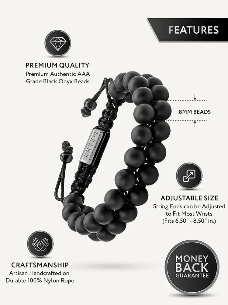 Handcrafted Morocco black onyx beaded bracelet with adjustable nylon rope and silver-toned steel clasp