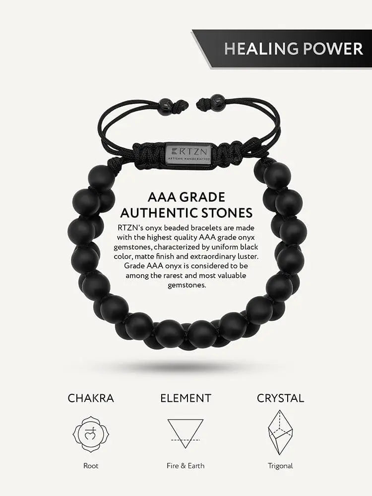 Handcrafted Morocco black onyx beaded bracelet with steel clasp, black braided cord, and silver-toned rtzn branded tag