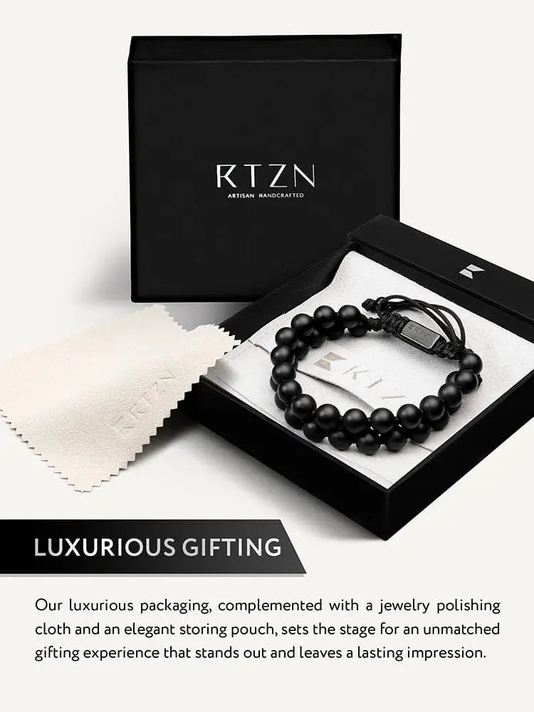 Handcrafted Morocco black onyx beaded bracelet with sleek steel clasp in elegant black artisan packaging