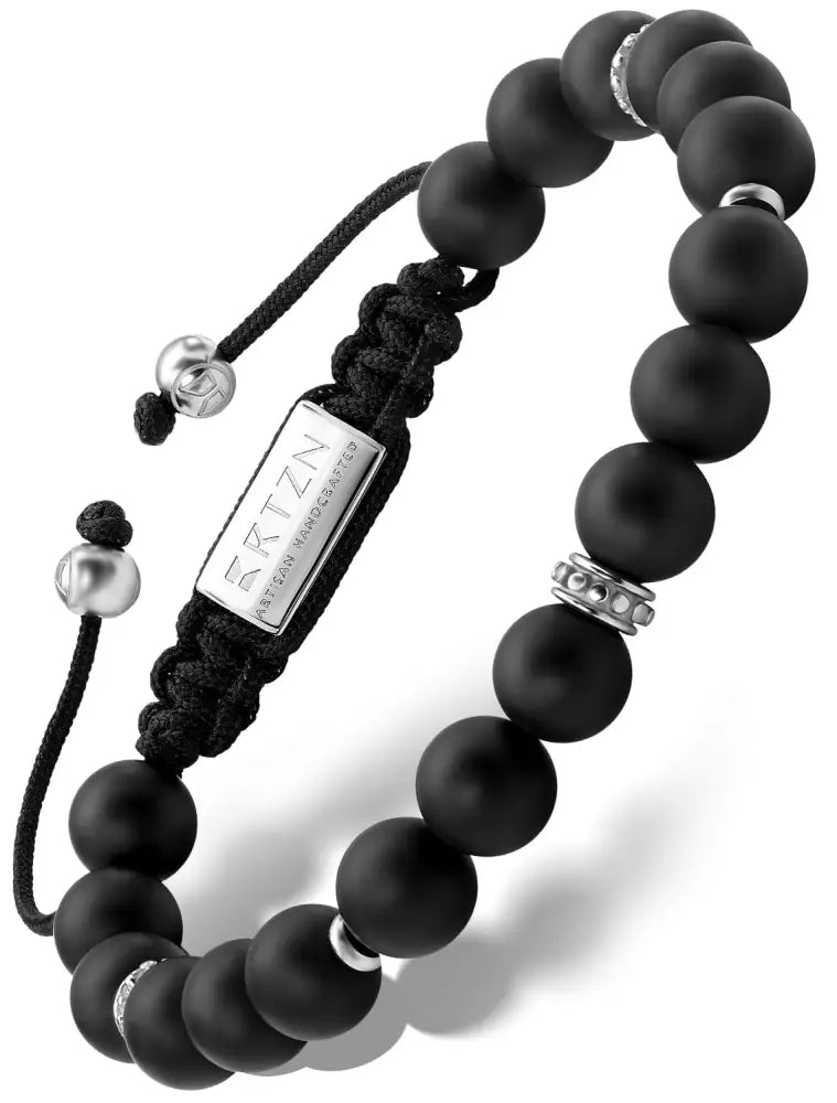 Mykonos black onyx beaded bracelet with black matte finish silver toned metal accents and branded stainless steel tag