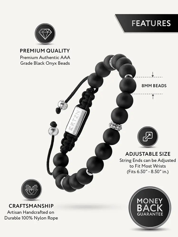 Mykonos black onyx beaded bracelet with stainless steel accents and branded tag on durable nylon rope