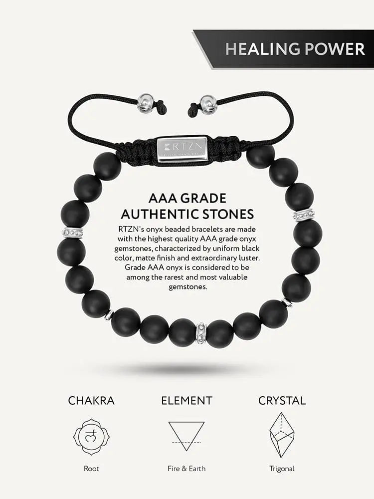 Mykonos black onyx beaded bracelet with silver-toned accents and rectangular stainless steel engraved clasp