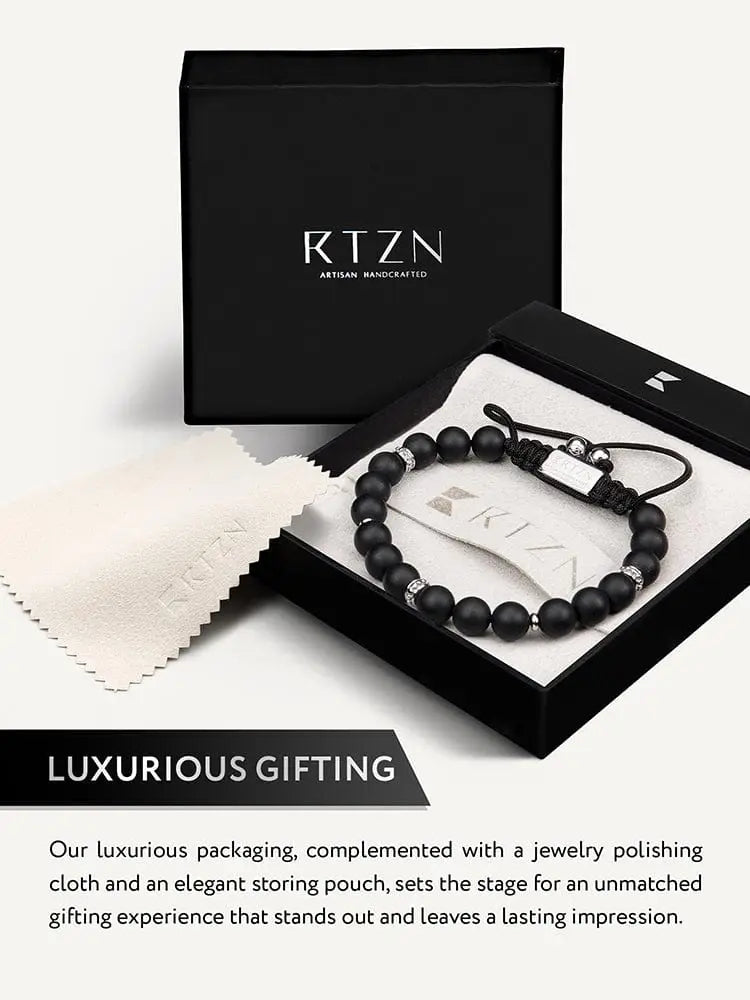 Mykonos black onyx beaded bracelet with stainless steel accents and woven cord in an rtzn branded gift box