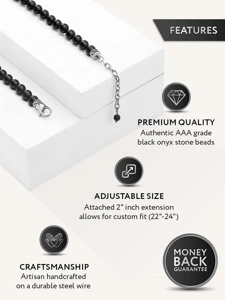 Black onyx beaded necklace with silver-toned clasp and chain extension made of 316l stainless steel