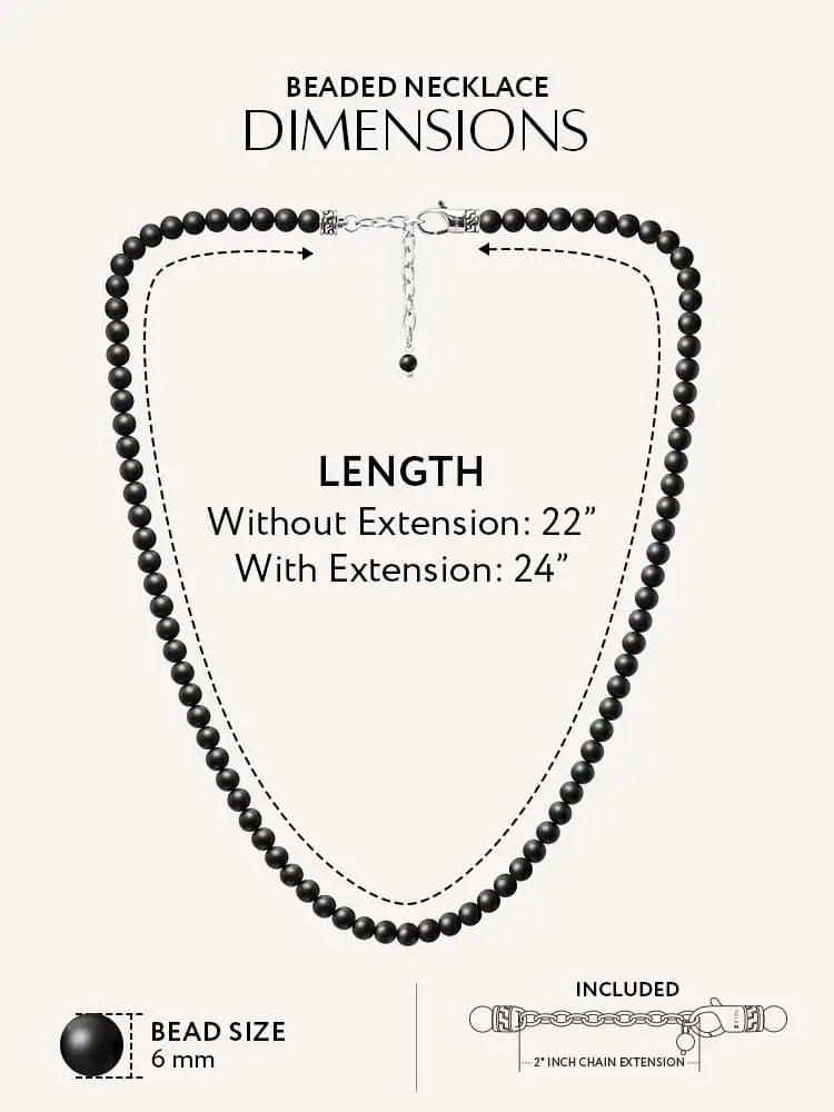 Black onyx beaded necklace with silver-toned clasp and 2-inch chain extension in 316l stainless steel