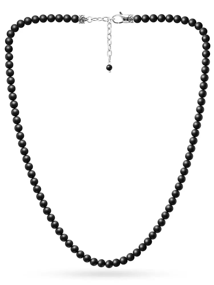 Black onyx beaded necklace in 316l stainless steel with silver toned clasp and chain detail
