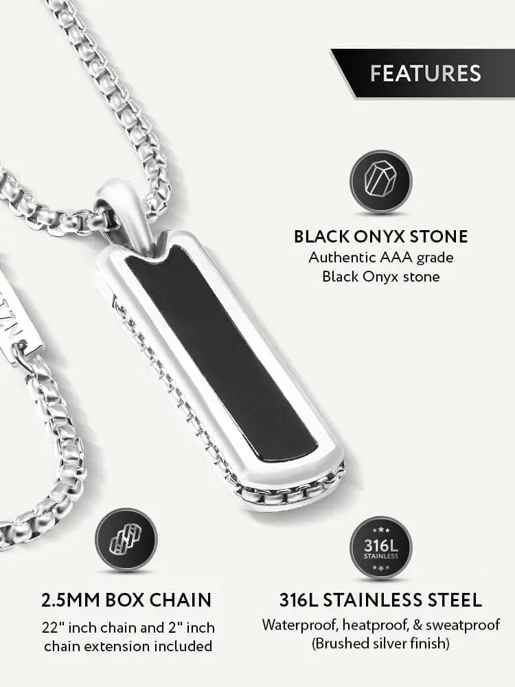 Silver-toned black onyx column pendant inset in 316l stainless steel rectangular frame for elegant wear